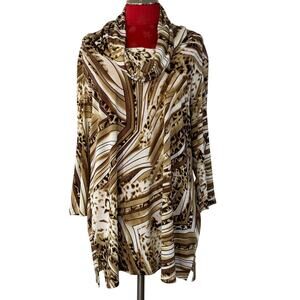 Chico’s tunic top brown gold white popover blouse casual cowl neck size XXL